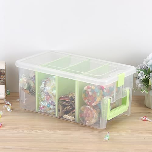 BTSKY Clear Plastic Dividing Storage Box with 4 Deep Compartment Sewing Box - size: 13.9x7.9x6.2 Inches-Green