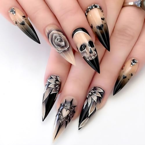 Goth Press on Nails Black Almond Fake Nails 24Pcs - color: Halloween 5