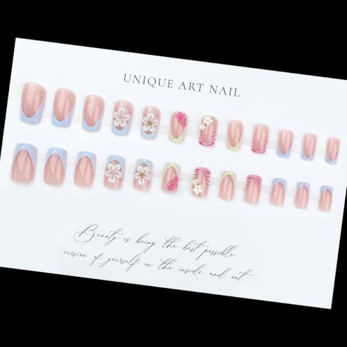 French Tip Press on Nails Medium Square 3D Floral Spot Design - color: Pink White Red Blue