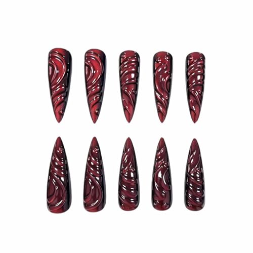 MISUD Press on Nails - Long Stiletto Fake Nails with Goth Red Cat Eye, Acrylic 3D Gel Gothic Vampire Design 24 pcs - color: 06103-01-09Red