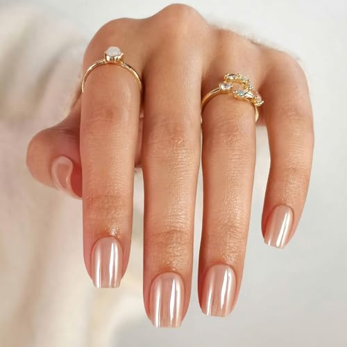 SHANGMENG Press on Nails, Square Short Nude Chrome Fake Nails, Soft Gel - color: Mirror Skin