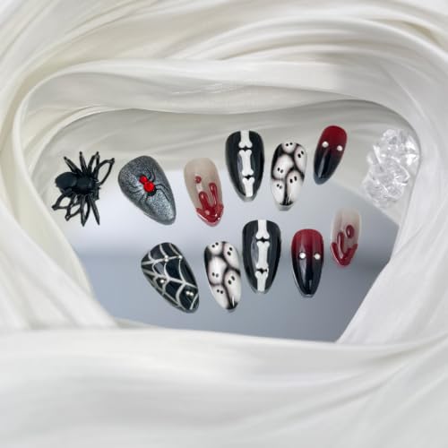 Halloween Press On Nails Short Almond Shape Gothic Fake Nails with Ghost Bone Blood Drip Spider Web Designs Reusable Horror Punk False Nails Glossy Full Cover Acrylic Nails Kit for Women 24Pcs - color: special Halloween-18