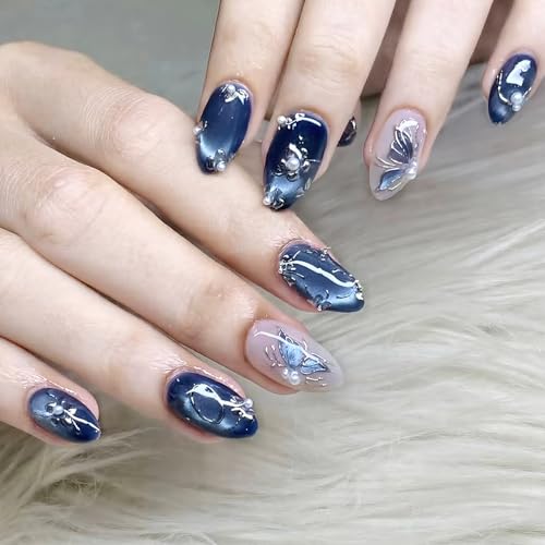 Blue Press On Nails Medium Almond Fake Nails With Blue Butterfly Design Glitter Nails Press Ons Glossy False Nails Silver Pearl Flower Acrylic Glue On Nails For Women 30Pcs - color: Design-19