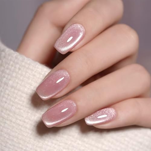 Press On Nails, Square Shimmer Nude Glitter Sparkle, 24PCS - color: 0028-Pearlescent light pink
