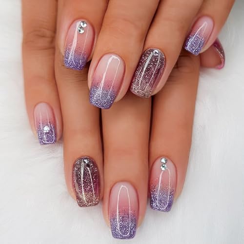 24Pcs Gradient Press on Nails Fake Nails with Rhinestones Glitter Ombre Designs Nails Press ons Purple Glue on Nails Acrylic False Nails Artificial Stick on Nails for Women - color: purple