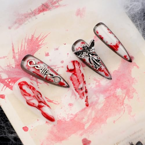 MISUD Press on Nails - Long Stiletto Glue on Nails with Goth Red, Acrylic Gothic Charms Vampire Design 24 pcs - color: 06108Red