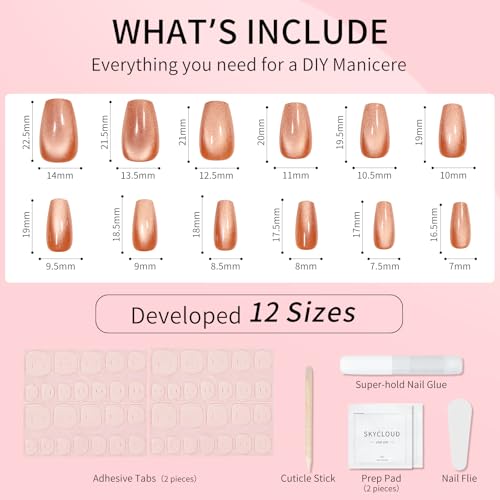 Brown Cat Eyes Press On Nails,12 Sizes-24 Pcs Soft Gel Light Brown Medium Coffin Fake Nails Kit with Nail Glue, Natural Reusable Stick On False Nails for Women and Girls (Skycloud Brown Nails) SK0826 - color: SK0826-Brown