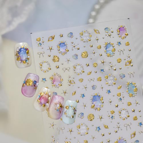 1 Sheet Summer Nail Stickers 5D Gold Shell Starfish Nail Decals Shiny Marine Life Nail Art Stickers Ocean Theme Nails Design Sea Nail Accessories Beach Nail Supplies for Women Manicure Decoration DIY - color: Gold Shell Starfish