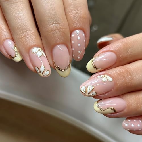 Short Oval Press On Nails Nude Pink, Yellow French Tip Fake Nails with Hand Painted Flower and Gold Outline, Cute Polka Dot Glossy Stick On Nails Reusable Full Cover False Nails for Women - color: Golden thread flower