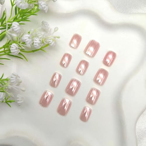 24Pcs French Tip Press on Nails Short Square Fake Nails with Chrome Designs - color: 33