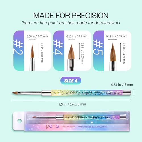 PANA Kolinsky 3D Acrylic Nail Brushes with Liquid Glitter Handle - For Professional Acrylic Powder Liquid Manicure Pedicure (Rainbow Color, Size #4) - style: 4