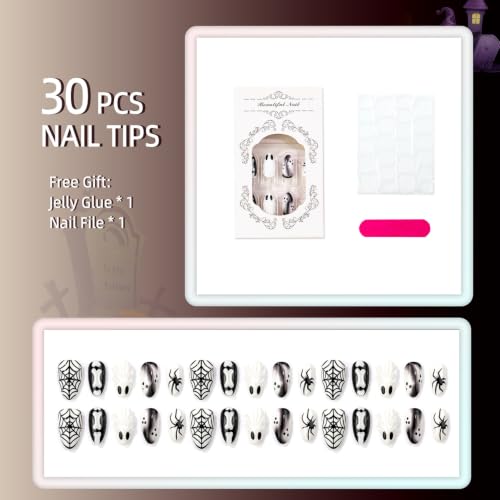 30pcs Halloween Press On Nails Ghost Spider Web Fake Nails Gothic Nail Tips - color: Halloween Press on Nails 15