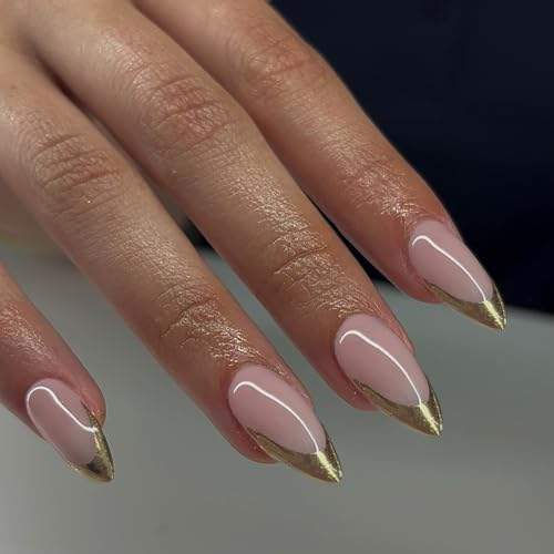 Gold French Tip Press On Nails Short Almond, Medium Fake Nails French Nails Press ons Acrylic Nails Glue on Nails Medium, Natural Short Almond Nails False Nails for Women in 12 Sizes 24 Pcs - color: almond chrome gold