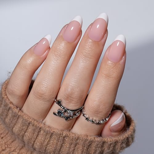 White French Tip Press On Nails - White Short Almond Fake Nails - color: 7D - White French