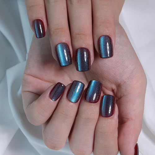 Teal Blue Cat Eye Press On Nails Short – Square Fake Nails with Color-Shifting Glow, Glossy Gel Acrylic Nails 15 Sizes, 30 Nails, Thick Reusable Glue On Nails for Daily Wear & Women Gifts - color: M11-Galaxy-Blue