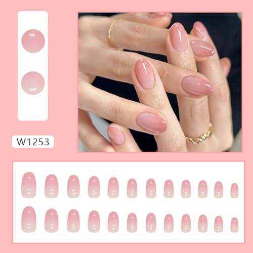 RTKHFZE Press on Nails Short French Tip Oval Fake Nails Pink to Blush Full Cover Nails Glossy Ombre Acrylic Nails 24Pcs Almond Stick on Nails for Women Nail Decorations - color: Nails Pink Short 1