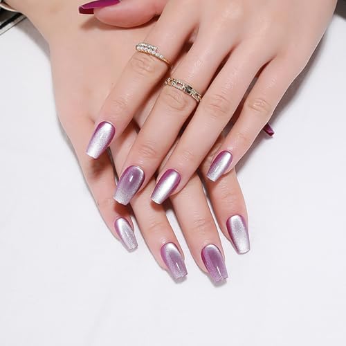 Purple Medium Press On Nails, Cat Eye Coffin Press On Nails, Crystal Glow Design, Ice Glossy Gel Purple Fake Nails, Reusable Acrylic Stick On Nails for Women - color: C0-Moonlit Amethyst