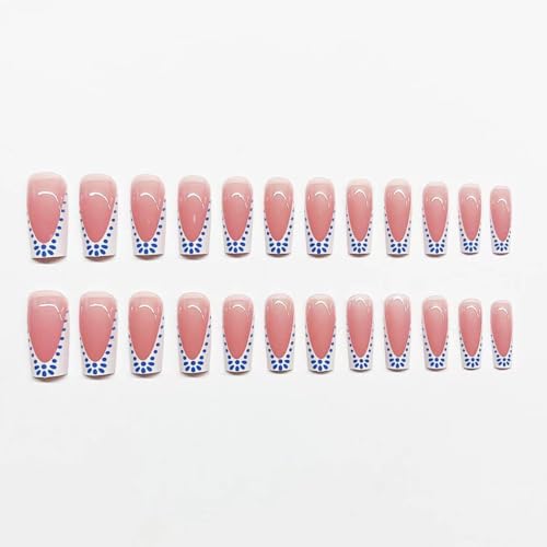 CTTHNBD Medium Press on Nails Square & Press on Toenails Set, White French Tip with Blue Spot Design - for Women 48 Pcs - color: Blue Pink
