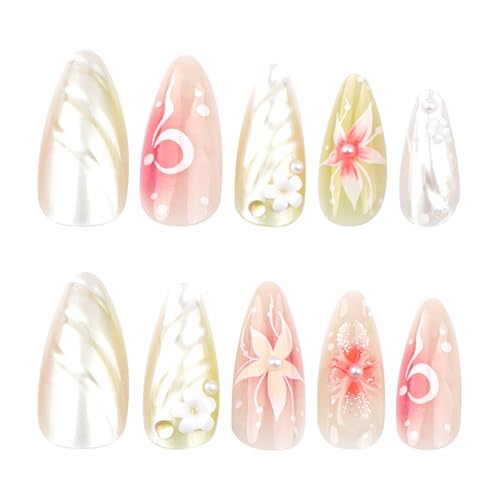 Almond Press on Nails Medium Fake Nails Ombre with 3D Flower Design Glossy Full Cover False Nails for Women Manicure 24Pcs - color: Colorful