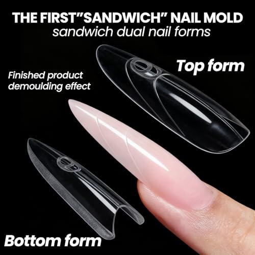 Sandwich Nail Dual Forms - 240Pcs | Almond Round Shape Nail Extension Kit with Alignment Guides | Reusable Mold for Builder Gel & Polygel (Almond round) - color: Almond round