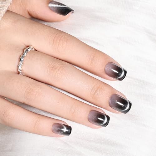 Black Ombre Cat Eye Press On Nails, Short Square Reusable Nails - color: I2-Smoked Eclipse