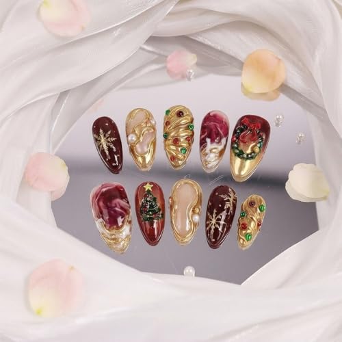 30Pcs Christmas Press on Nails Medium Almond 3D Chrome Gold Fake Nails - color: Winter Christmas Nails-21