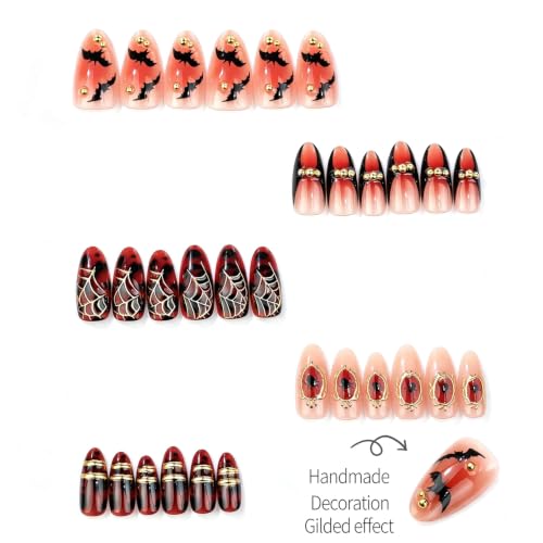 Halloween Press on Nails Medium Almond with Gold Spider Web Bat Design - color: Halloween nails-15