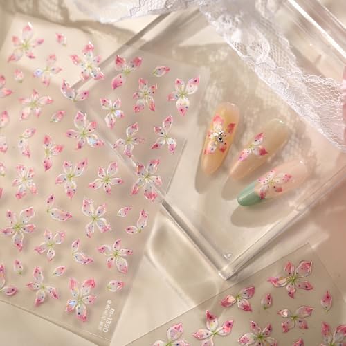 1 Sheet Flower Nail Stickers 5D Embossed Lily Flower Stickers for Nails Hibiscus Nail Decals Tropical Floral Summer Nail Supplies Pink Hawaiian Floral Petals Manicure Decoration Nail Charms for Women - style: summer hibiscus