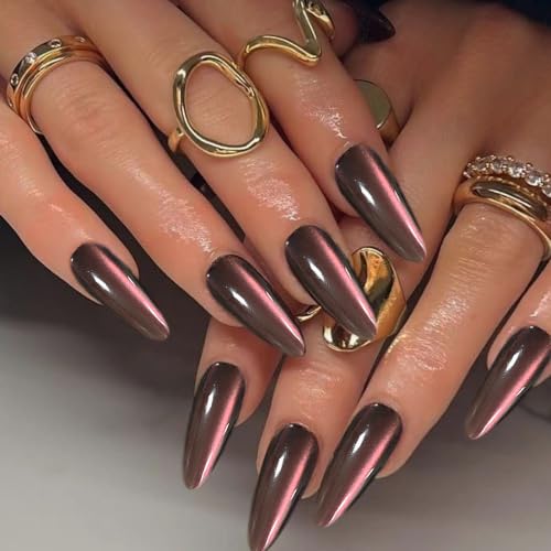 Red Brown Press on Nails Almond Medium Glossy Fake Nails for Women - color: 19- Red Brown