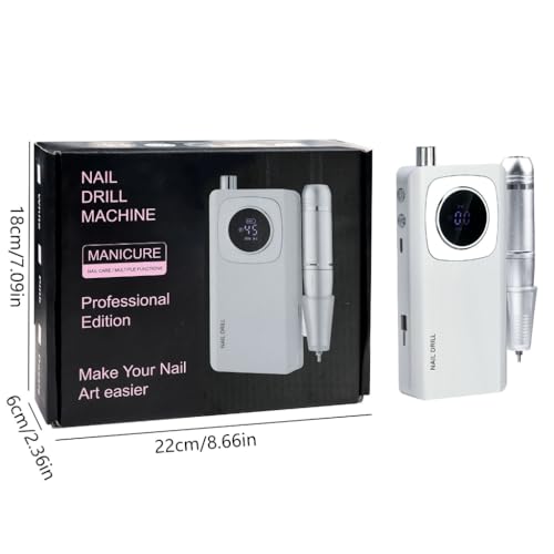 Electric Nail Drill, 45000rpm Portable Electric Nail File, Rechargeable Nail Drill with Bits & Base for Acrylic Gel Nails, Electric File Machine, Manicure Polishing for Home/Salon (White) - color: White