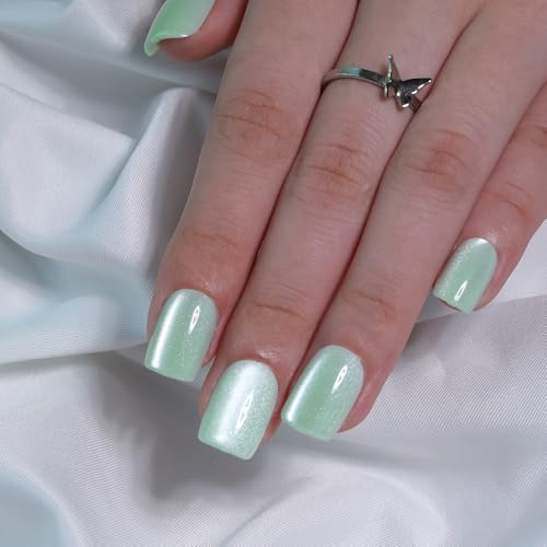 Mint Green Cat Eye Press On Nails Short Square Fake Nails, 30PCS - color: M09-Mint Green