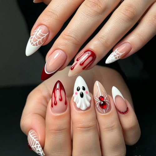 Halloween Press On Nails Almond Fake Nails Medium False Nails - color: Style C013, size: Medium