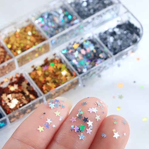12 Boxes Spring Laser Star Nail Art Glitters Colorful Star Nail Sequins Set, Spring Laser Nail Decor Accessories Mini 3D Stars Nail Decals Holographic Glitters for Women Manicure - color: Laser Star