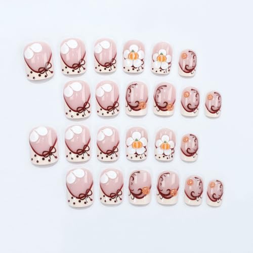 French Tip Press on Nails Short Square Flower Design - color: Pink White-24