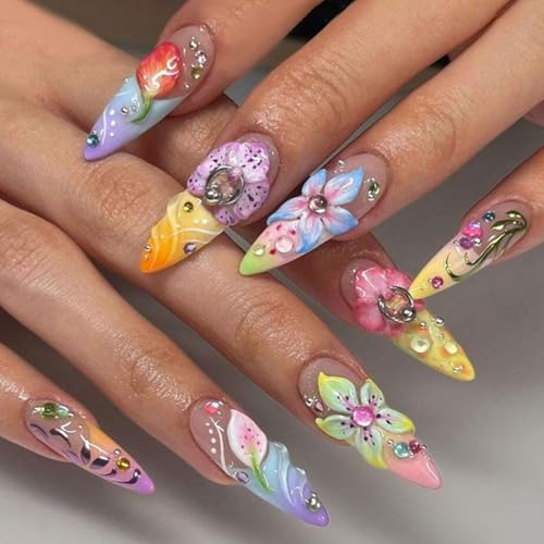 Summer Long Press on Nails Almond Fake Nails Flowers Colorful Design 24pcs