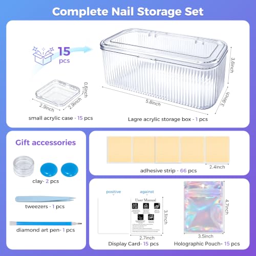 15 Acrylic Press-On Nail Cases,15 Nail Pouches with Cards&Large Storage Box - color: Clear Box