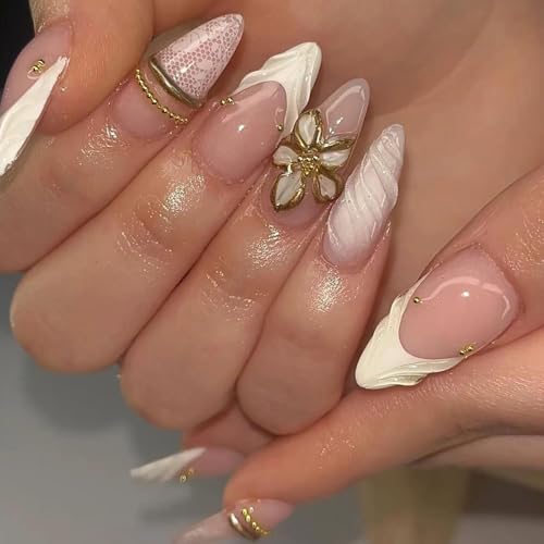 Press On Nails Medium Almond Fake Nails Shite Lace With Gold Flower Design False Acrylic Nails Gold Pearl Nail Press Ons Glossy French Reusable Glue On Nails For Women - color: Design-21
