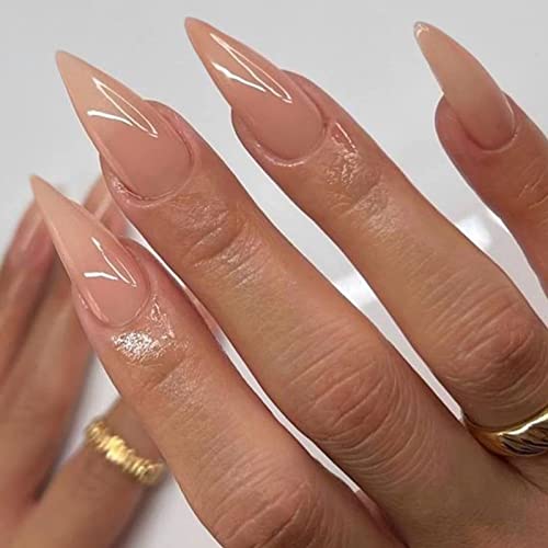 Nude Press on Nails Medium Long Almond Glossy Fake Nails for Women - color: 01-Nude Stiletto