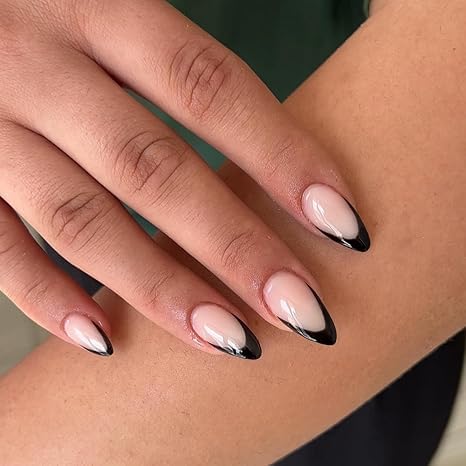 SXVME 30 Pcs Black French Tip Press on Nails Short Almond Nails Press ons, Short Fake Nails Almond Shaped Acrylic French Glue on Nails False Nail for Women, Natural Stiletto Nail 15 Sizes - color: almond black