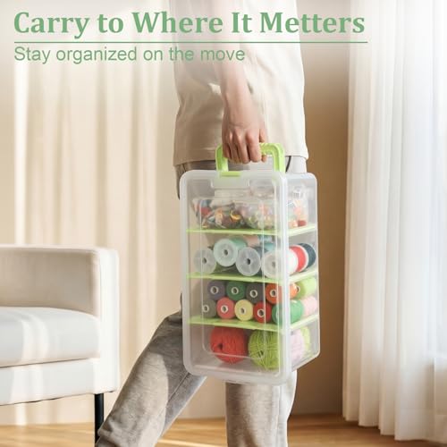 BTSKY Clear Plastic Dividing Storage Box with 4 Deep Compartment Sewing Box - size: 13.9x7.9x6.2 Inches-Green