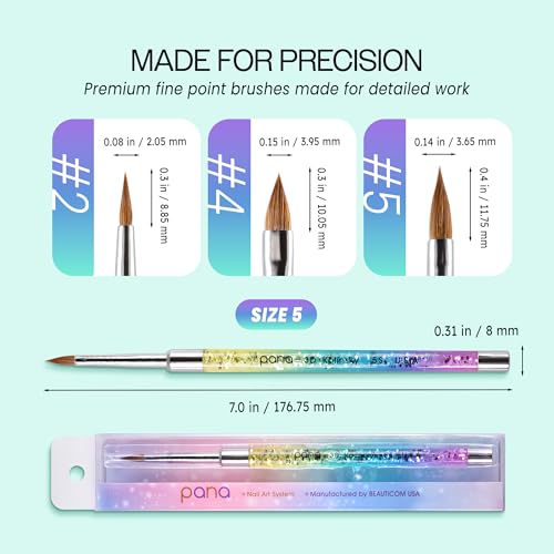 PANA Kolinsky 3D Acrylic Nail Brushes with Liquid Glitter Handle - For Professional Acrylic Powder Liquid Manicure Pedicure (Rainbow Color, Size #5) - style: style 5