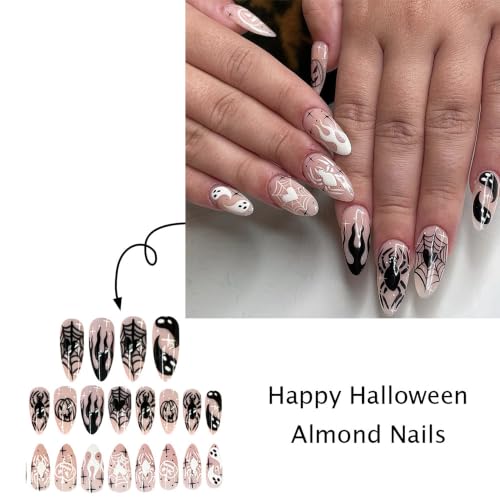 Halloween Press On Nails, Almond Spider Ghost Web Design, Black Nude - color: style 13