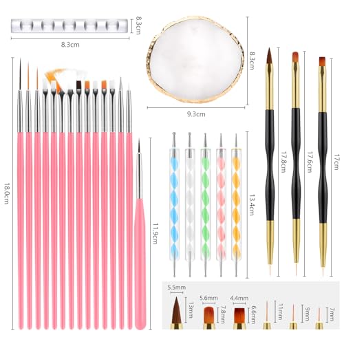 25Pcs Nail Art Brushes Set, Palette, Stand & Dual Pen