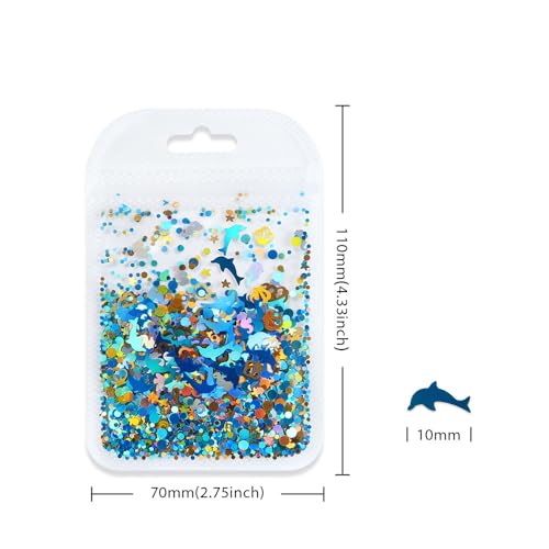 1 Bag Ocean Dolphin Nail Glitter Sequins, Holographic Blue Sea Shell Seahorse Starfish Nail Art Flakes, Laser Mixed Round Dot Confetti Nail Decorations for Acrylic UV Gel Manicure DIY Crafts - color: Blue