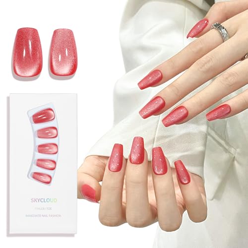 Red Cat Eyes Press On Nails,12 Sizes - 24 Pcs Soft Gel Red Medium Coffin Fake Nails Kit with Nail Glue, Natural Reusable Stick On False Nails for Women and Girls SK0824 - color: 824-Red