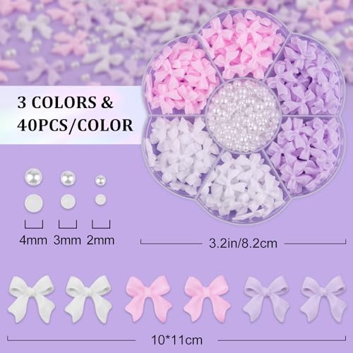 1 Box 3D Bow Charms and Flatback Pearls Set 3, 120 Pcs Cute Bow Charms for Design + 2-4mm White Pearls With Pickup Tweezer and Pencil for Nail Art Decoration - color: Style A - Pink White Lilac