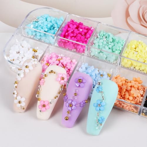 1 Box 12 Color Flower Nail Charms 3D Resin Floral Nail Charm Gold Silver Pearl Beads Nail Jewels Colorful Spring Valentine's Day Petal Nail Art Supplies for Women Girls DIY Acrylic Nail 12 Grids - color: YHN30
