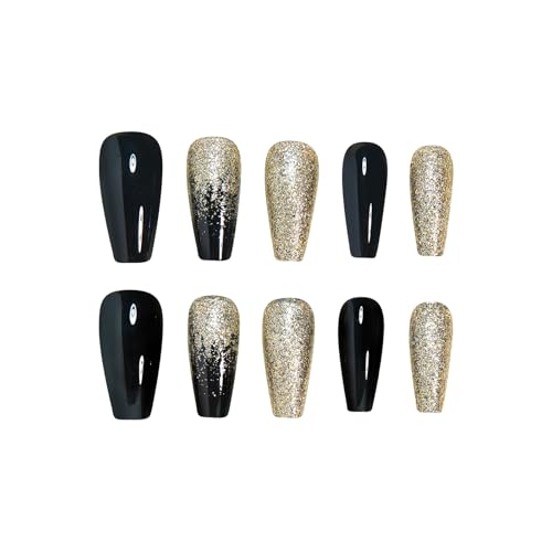 MISUD Press on Nails - Long Coffin Fake Nails with Black Gold, Acrylic Bling Glitter Design 24 pcs - color: 019A05-04Black&Gold