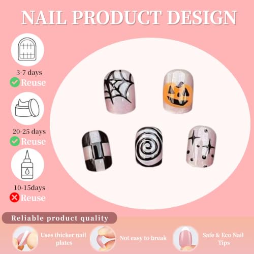 24Pcs Halloween Press on Nails Short Square Fake Nails with Cute Ghosts Design Pumpkin Acrylic Nails Black And White Checkered Artificial Nail Glossy Spider Web Full Cover Stick on Nails for Women - color: Ghost Pumpkin Style