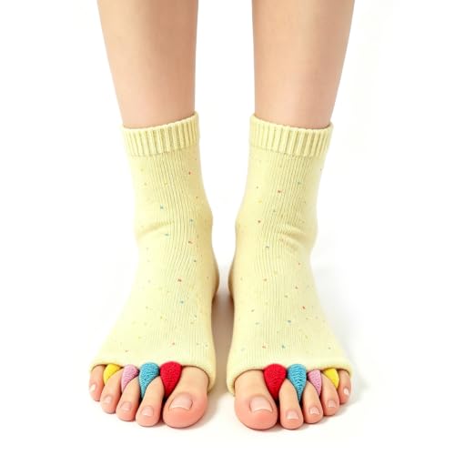 Foot Alignment Socks with Toe Separators, Toeless Yoga Massage Socks - color: Yellow